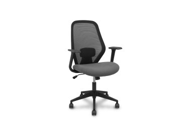 Chaise de bureau- Ergo529, dossier en maille noire, assise en tissu gris, piètement pyramidal, roulettes en nylon