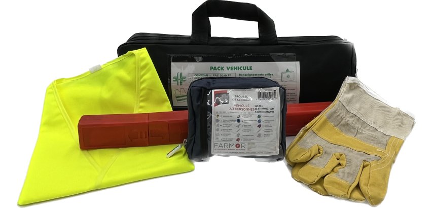 Pack Véhicule : 1 Triangle + 1 paire de gants + 1 gilet fluo + 1 trousse Véhicule, TRO 2371 TP dans une housse