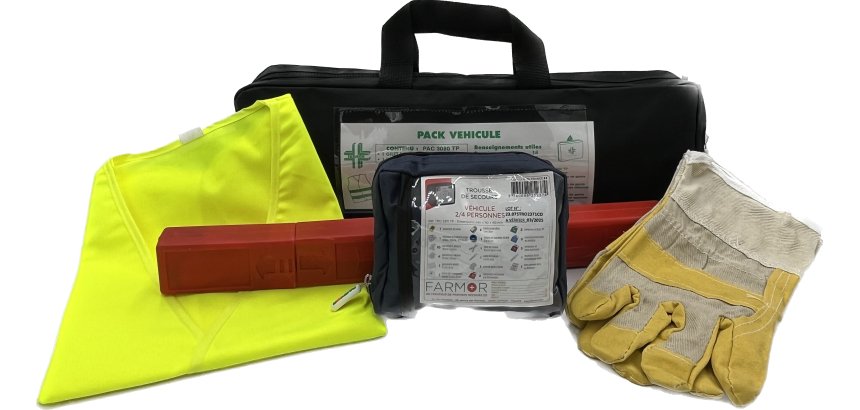 Pack Véhicule : 1 Triangle + 1 paire de gants + 1 gilet fluo + 1 trousse Véhicule, TRO 2371 TP dans une housse