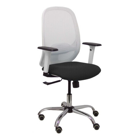 Silla Cilanco blanca malla blanca asiento bali negro brazo regulable base cromada ruedas de parque
