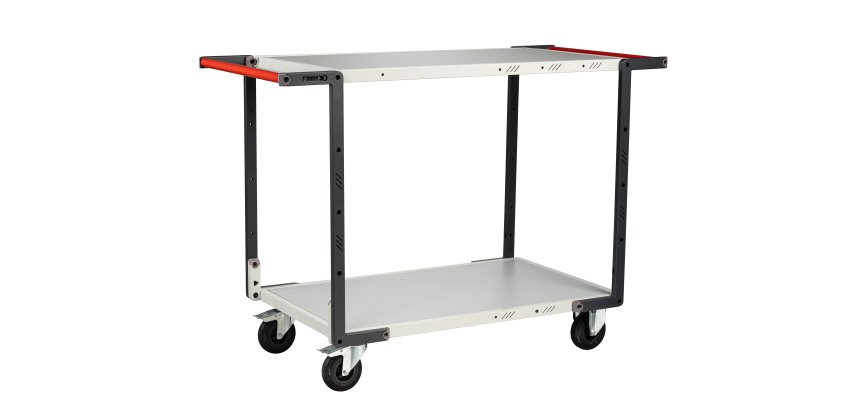Servante Flatpack 2 plateaux mélaminés double poignée 250 kg 850 x 500 mm roue caoutchouc