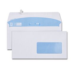 Enveloppe blanche DL 110x220 90 g/m² fenêtre 45x100 bande de protection - Boîte de 500