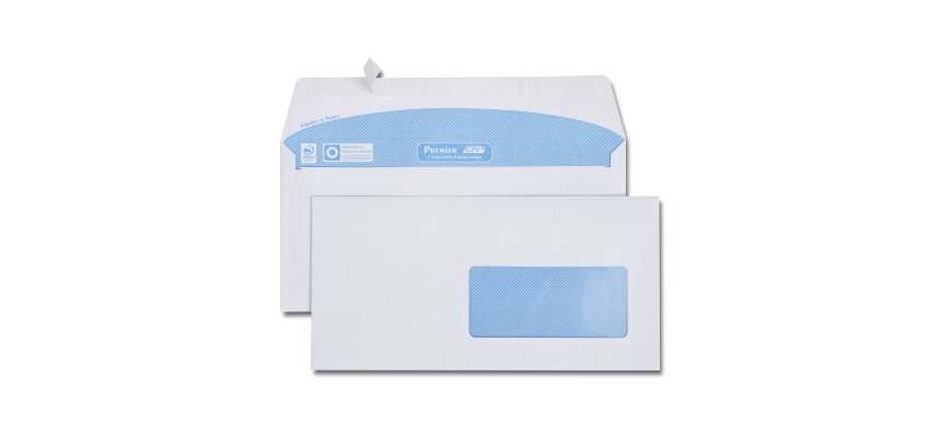 Enveloppe blanche DL 110x220 90 g/m² fenêtre 45x100 bande de protection - Boîte de 500