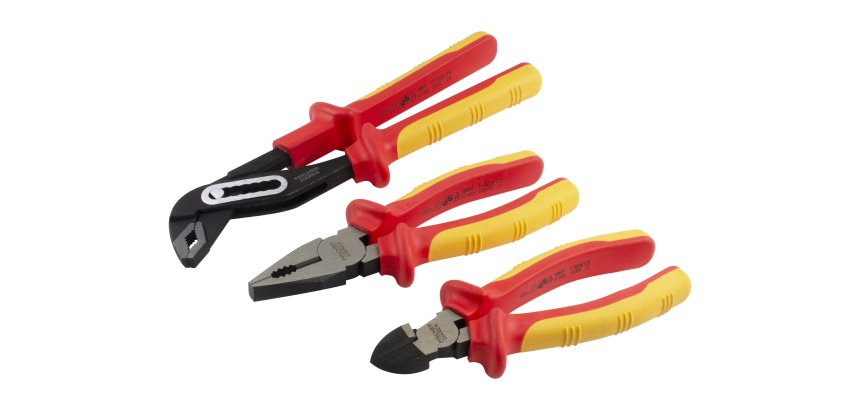 Jeu de 3 pinces isolées VDE 1000V : 1  universelle, 1 coupante et 1 multiprise