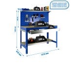 Banco de trabajo Simonwork BT3 con panel, fondo y repisa An 120 cm azul/madera