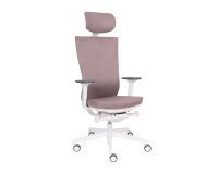 Chaise de bureau ergonomique Marti, tissu rose, mécanisme synchrone + réglage profondeur d'assise, appui-tête, accoudoirs 3D , piètement roulettes blanc
