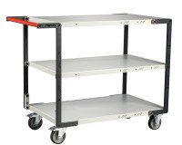 Servante Flatpack 3 plateaux mélaminé, 1000 x 600 mm, roues TPE, 250 kg