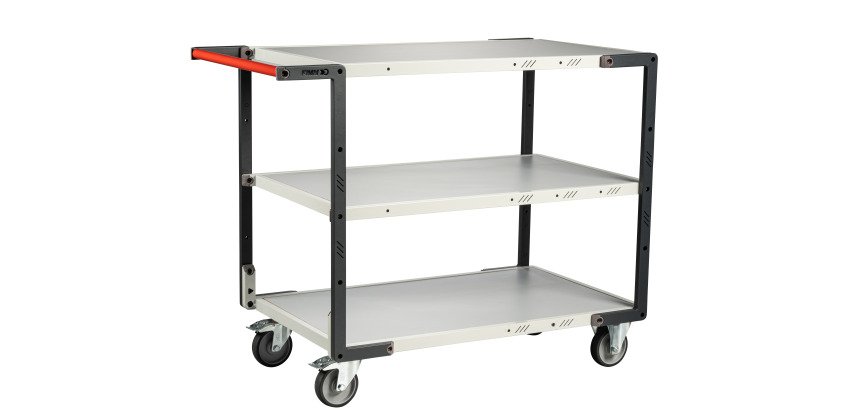Servante Flatpack 3 plateaux mélaminé, 1000 x 600 mm, roues TPE, 250 kg