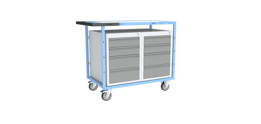 Servante établi équipée 2 blocs 4 tiroirs plateau bois mélaminé 250 kg roue TPE