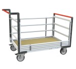 Chariot modulaire tube 2 dossiers + 2 ridelles plateau bois 500 kg 1000 x 600 mm roue TPE en rectangle