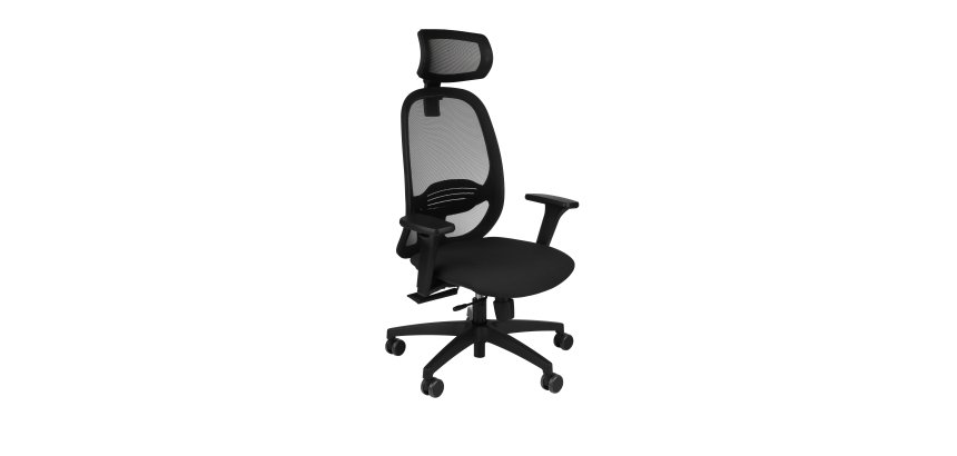 Ergonomischer Bürostuhl NODI, Stoff und Netz, mit 3D-Armlehnen und Kopfstütze, synchroner Mechanismus, schwarze Beine