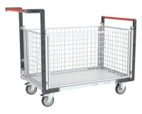 Chariot modulaire grillagé 2 dossiers + 2 ridelles plateau bois 250 kg 1000 x 600 mm roue TPE