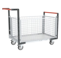 Chariot modulaire grillagé 2 dossiers + 2 ridelles plateau bois 250 kg 1000 x 600 mm roue TPE