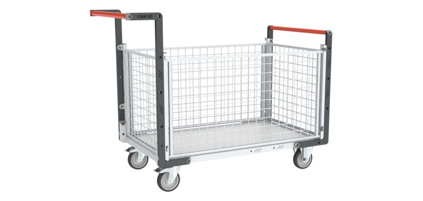 Chariot modulaire grillagé 2 dossiers + 2 ridelles plateau bois 250 kg 1000 x 600 mm roue TPE