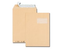 Pochette kraft brun C4 229x324 90 g/m² fenêtre 100x50 bande de protection - Boîte de 250