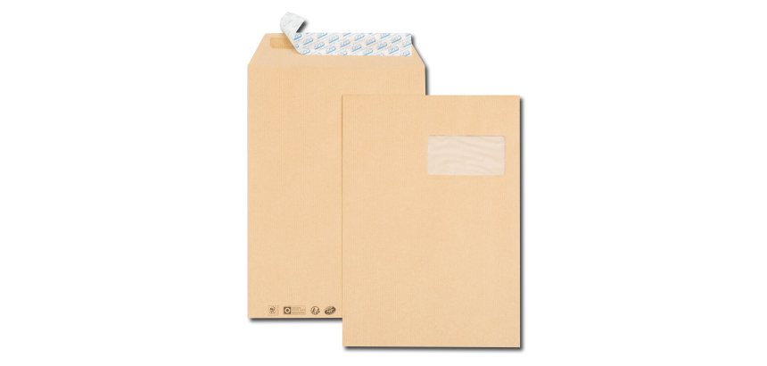 Pochette kraft brun C4 229x324 90 g/m² fenêtre 100x50 bande de protection - Boîte de 250