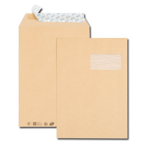 Boîte de 250 pochettes kraft brun C4 229x324 90 g/m² fenêtre 100x50 bande de protection