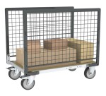 Chariot modulaire grillagé 2 ridelles plateau bois 500 kg 1200 x 800 mm roue TPE en rectangle