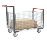 Chariot modulaire grillagé 2 dossiers + 2 ridelles plateau tôle galvanisée 250 kg 1000 x 600 mm roue TPE