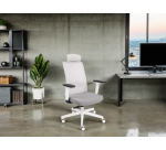 Chaise de bureau ergonomique NICO tissu et maille, avec accoudoirs 3D, appuie-tête, mécanisme synchrone + réglage profondeur d'assise, pieds blancs