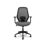 Chaise de bureau- Ergo529, dossier en maille noire, assise en tissu gris, piètement pyramidal, roulettes en nylon