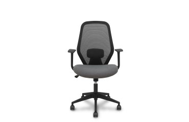 Chaise de bureau- Ergo529, dossier en maille noire, assise en tissu gris, piètement pyramidal, roulettes en nylon