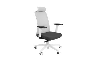 Ergonomischer Bürostuhl NICO Stoff und Mesh, mit 3D-Armlehnen, Kopfstütze, Synchronmechanismus + Sitztiefenverstellung, weiße Füße