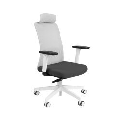 Chaise de bureau ergonomique NICO tissu et maille, avec accoudoirs 3D, appuie-tête, mécanisme synchrone + réglage profondeur d'assise, pieds blancs