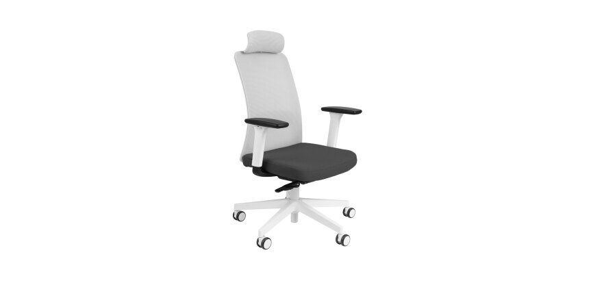 Chaise de bureau ergonomique NICO tissu et maille, avec accoudoirs 3D, appuie-tête, mécanisme synchrone + réglage profondeur d'assise, pieds blancs