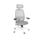 Fauteuil de bureau ergonomique NODI, tissu et maille, avec accoudoirs 3D et appui-tête, mécanisme synchrone, pieds blancs
