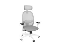 Fauteuil de bureau ergonomique NODI, tissu et maille, avec accoudoirs 3D et appui-tête, mécanisme synchrone, pieds blancs