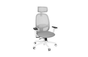 Fauteuil de bureau ergonomique NODI, tissu et maille, avec accoudoirs 3D et appui-tête, mécanisme synchrone, pieds blancs