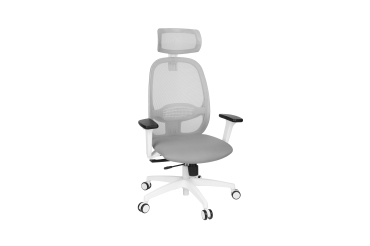 Fauteuil de bureau ergonomique NODI, tissu et maille, avec accoudoirs 3D et appui-tête, mécanisme synchrone, pieds blancs