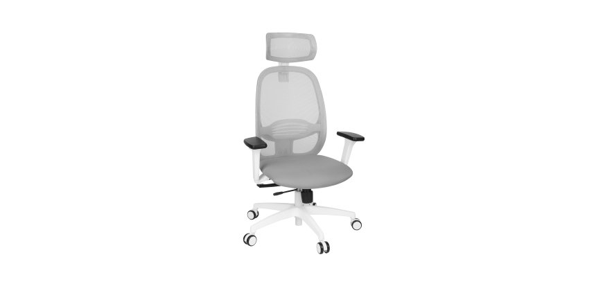 Fauteuil de bureau ergonomique NODI, tissu et maille, avec accoudoirs 3D et appui-tête, mécanisme synchrone, pieds blancs