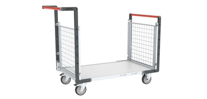 Chariot modulaire grillagé 2 dossiers plateau bois 250 kg 850 x 500 mm roue TPE