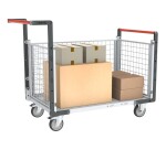 Chariot modulaire grillagé 2 dossiers + 1 ridelle plateau bois 250 kg 850 x 500 mm roue TPE