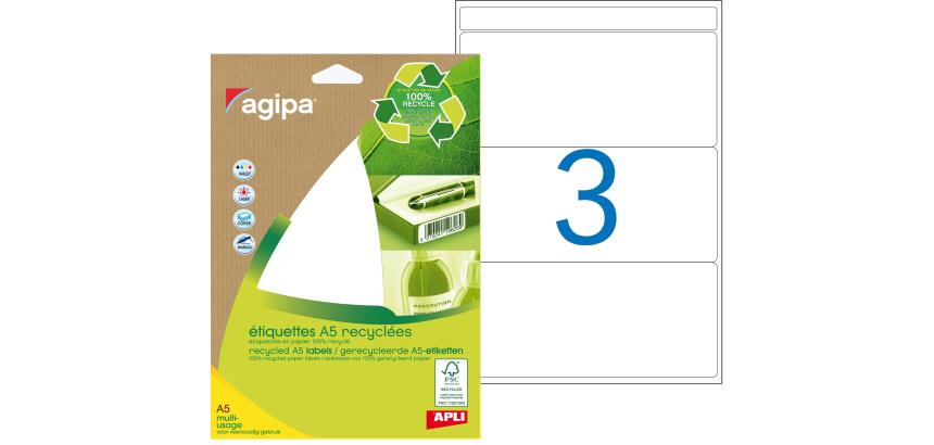 Etiquettes adresses multi-usages recyclées 64 x 133 mm Agipa - Pochette de 42