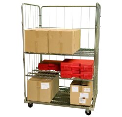 Roll conteneur 3 ridelles 1200 x 800 x 1800 mm CU 400 kg avec 2 options étagères CU 100 kg maxi