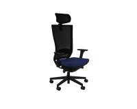 Chaise de bureau ergonomique MARTI tissu et maille, avec accoudoirs 3D et appui-tête, mécanisme synchrone, pieds noirs - Bleu foncé