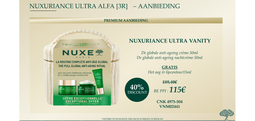 Nuxe nuxuriance promo -40 % : anti-aging nachtcreme 50 ml+ cadeau gerichte verzorging ogen-lippen 15ml