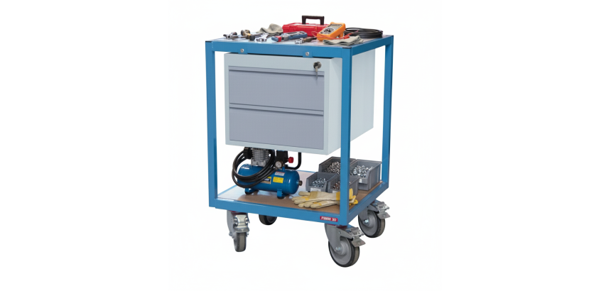 Petite servante établi 2 tiroirs plateau bois médium 400 kg roue TPE