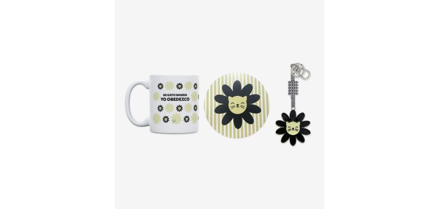 Kit Taza + Posavasos + Llavero "Mi gato manda, yo obedezco"
