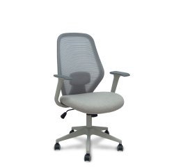 Chaise de bureau Ergo529, dossier en maille grise, assise en tissu gris, piètement gris clair, roulettes en nylon