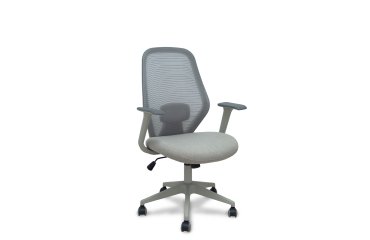 Chaise de bureau Ergo529, dossier en maille grise, assise en tissu gris, piètement gris clair, roulettes en nylon