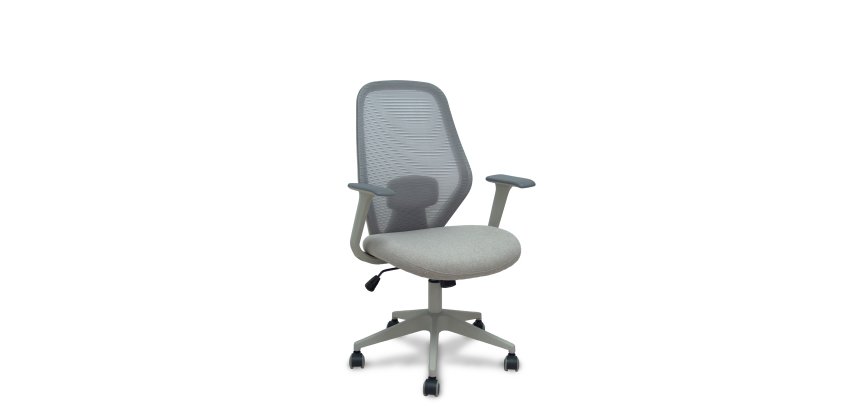 Chaise de bureau Ergo529, dossier en maille grise, assise en tissu gris, piètement gris clair, roulettes en nylon