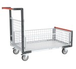 Chariot modulaire grillagé 1 dossier et 3 demi-ridelles plateau bois 850 x 500 mm 250 kg