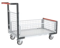 Chariot modulaire grillagé 1 dossier et 3 demi-ridelles plateau bois 850 x 500 mm 250 kg