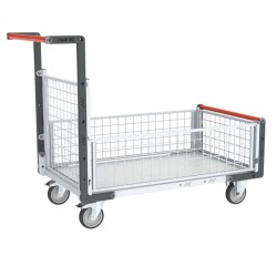 Chariot modulaire grillagé 1 dossier et 3 demi-ridelles plateau bois 850 x 500 mm 250 kg