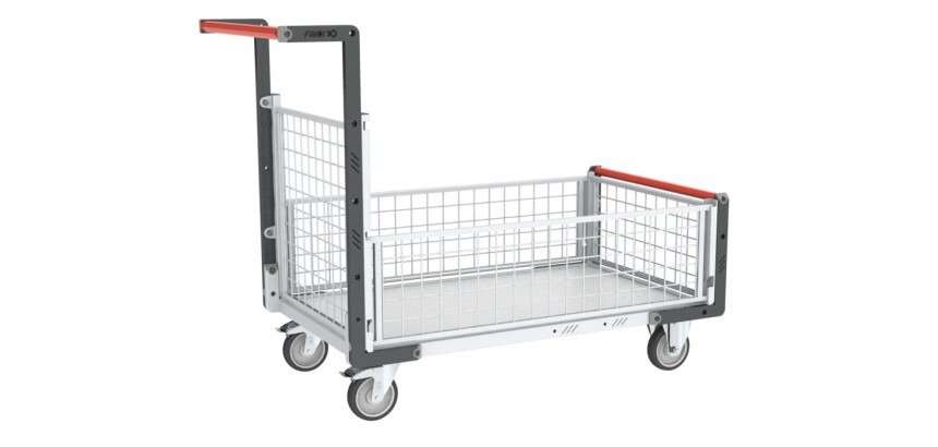Chariot modulaire grillagé 1 dossier et 3 demi-ridelles plateau bois 850 x 500 mm 250 kg