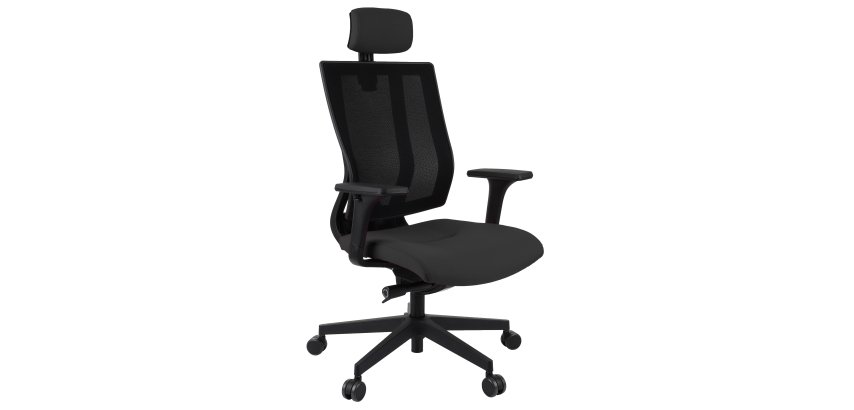 Fauteuil de bureau ergonomique MAXPRO NOIR, tissu et maille, avec accoudoirs 2D et appui-tête, mécanisme synchrone, pieds noirs